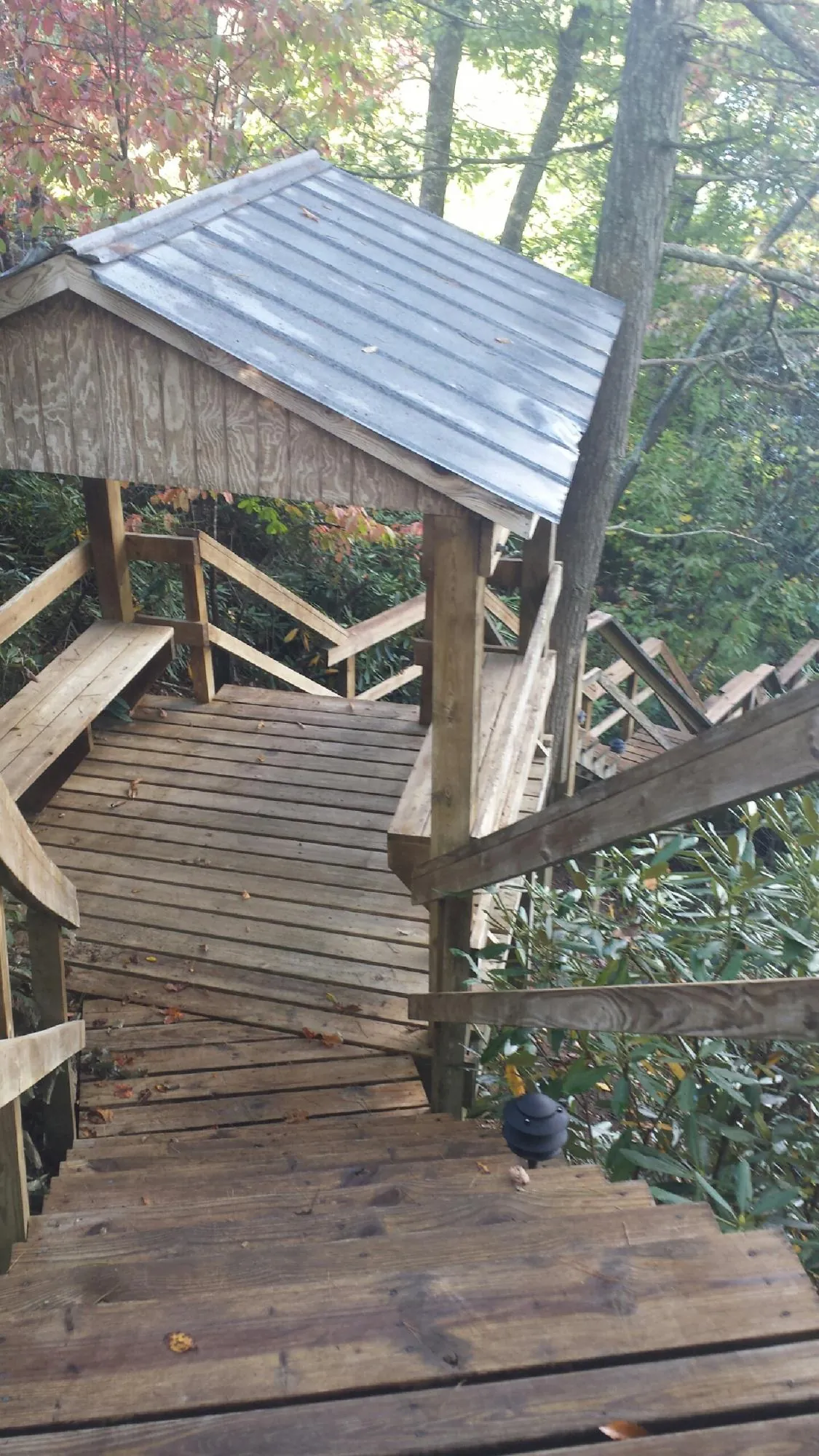 Metal roofed shelter over wooden steps on a wooded walkway — Skylight Repair & Installation work by our crew in Canby